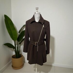 Kenneth Cole NY Brown Wool Blend Pea Coat Asymmetrical Zipper Size M